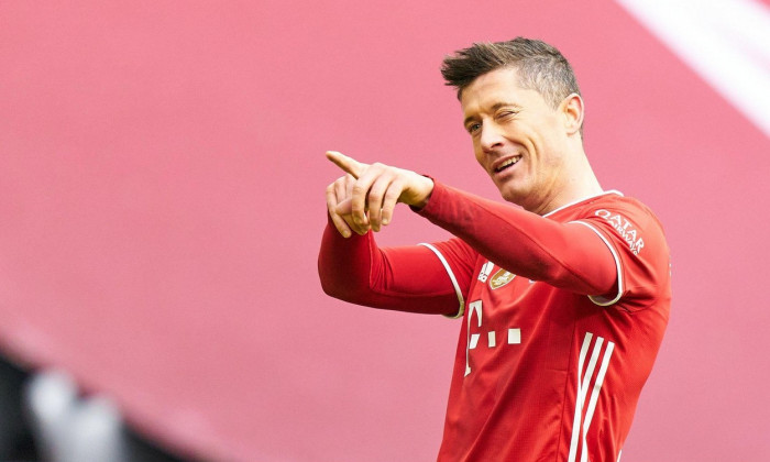 Robert LEWANDOWSKI, FCB 9 celebrates his goal, happy, laugh, celebration, 3-0 in the matchFC BAYERN MUENCHEN - VFB STUTTGART 4-01.German Football League on March 20, 2021 in Munich, Germany Season 2020/2021, matchday 26, 1.Bundesliga, FCB, Mnchen, 26.