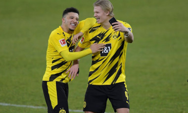 from right: Erling HAALAND (Borussia Dortmund) and Jadon SANCHO (Borussia Dortmund) after the end of the game, take selfies with smartphone. laughs, laughs, laughsd, optimistic, in a good mood. Soccer 1st Bundesliga, 22nd matchday, FC Schalke 04 (GE) - Bo