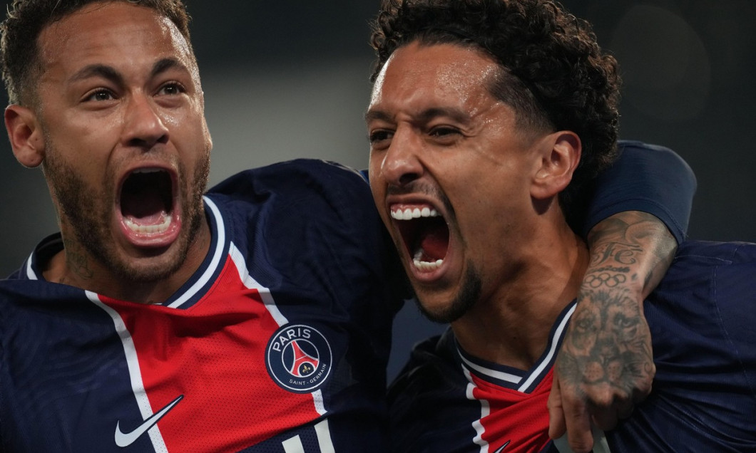 Paris Saint-Germain's Marquinhos (right) celebrates with Neymar after scoring their side's first goal of the game during the UEFA Champions League Semi Final, first leg, at the Parc des Princes in Paris, France. Picture date: Wednesday April 28, 2021.