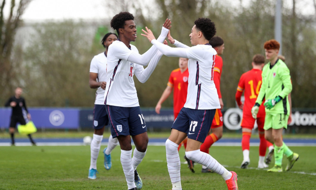 England's Carney Chukwuemeka celebrates scoring their side's second goal of the gameduring the Under-18 International Friendly match at the Leckwith Stadium, Cardiff. Picture date: Monday March 29, 2021.