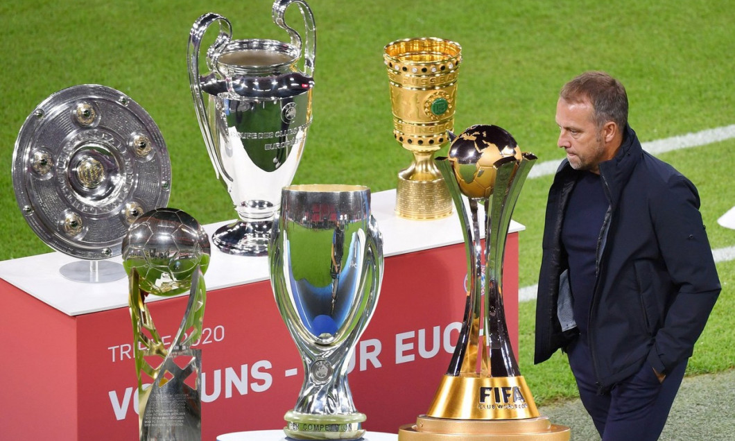 PHOTO MONDAY: Preview Club World Cup 2021 Quatar from 04.02.-11.02.2021. Hans Dieter Flick (Hansi, coach FC Bayern Munich) wants to win the Club World Cup after 5 titles. Archive photo: The triple bowl, championship trophy, Champions League cup and DFB cu