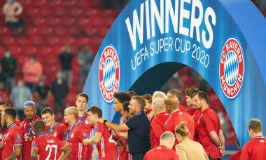 Budapest, Hungary, 24th September 2020. Celebration with trophy Trainer Hansi FLICK (FCB), team manager, headcoach, coach, Thomas MUELLER, MLLER, FCB 25 in the Final UEFA Supercup matchFC BAYERN MUENCHEN - FC SEVILLA 2-1in Season 2019/2020,