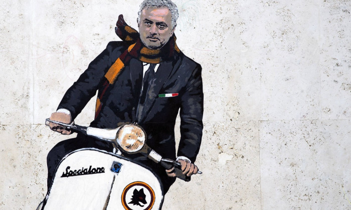 Mural by street artist Harry Greb dedicated to the new AS Roma coach Jose' Mourinho, Rome, Italy