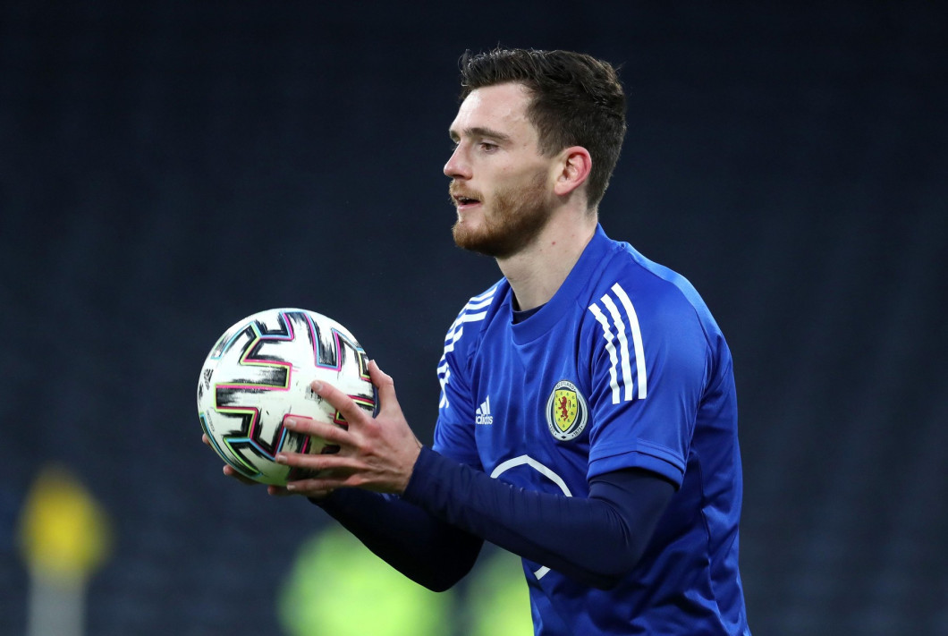 Scotland's Andrew Robertson warming up prior to kick-off during the 2022 FIFA World Cup Qualifying match at Hampden Park, Glasgow. Picture date: Wednesday March 31, 2021.