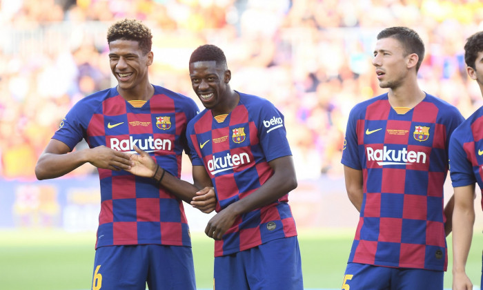 Barcelona, Spain. 04th Aug, 2019. FC Barcelona v Arsenal FC, of Joan Gamper Trophy. Camp Nou Stadium. Ousmane Dembele and Todibo of FC Barcelona Credit: PRESSINPHOTO/Alamy Live News