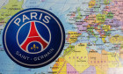 August 20, 2020 Lisbon, Portugal. The emblems of the 2019/2020 UEFA Champions League finalist Paris Saint-Germain F.C. against the background of the m