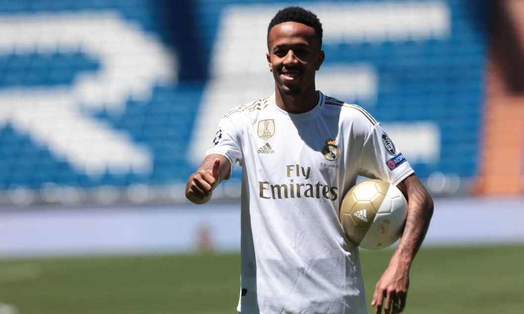 Madrid, Spain. 10th July, 2019. Madrid, Spain; 10/07/2019.Eder Militao new Real Madrid player, is presented in pitch of Santiago Bernabeu Stadium. Credit: Juan Carlos Rojas/Picture Alliance | usage worldwide/dpa/Alamy Live News