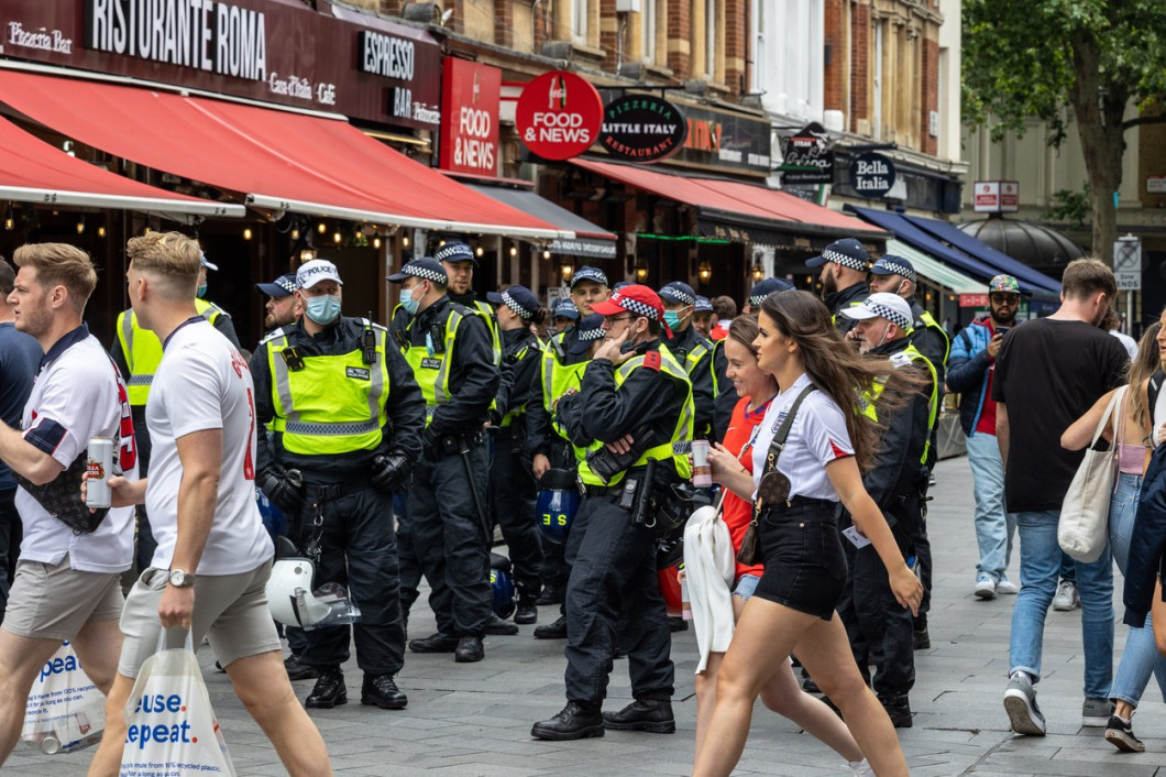 Fans celebrate ahead of England’s battle against Italy in the Euros final at Wembley.