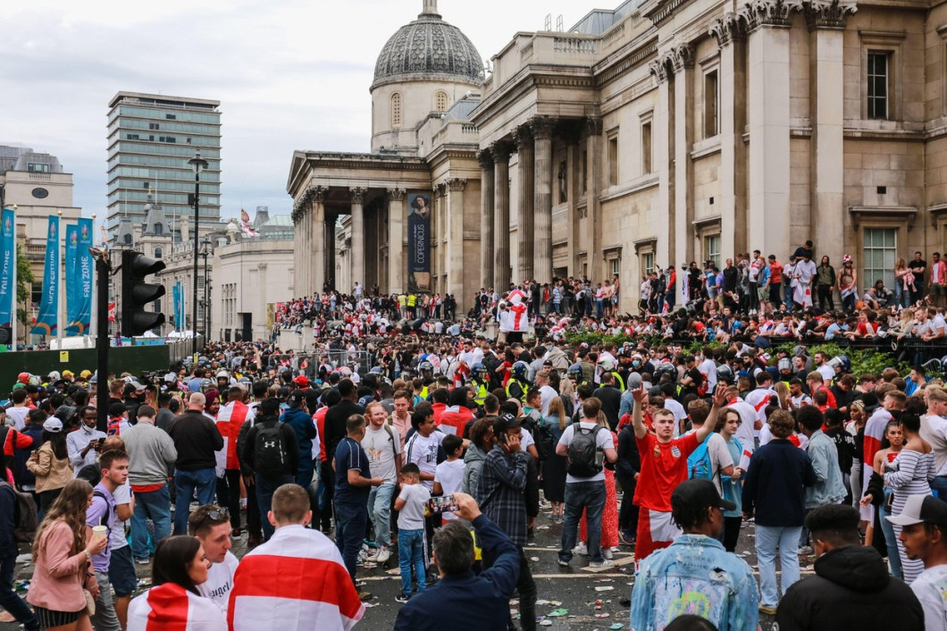 London, UK. 11 July 2021. Euro 2020. England football fans celebrating in Trafalgar Square ahead of the Italy v England final. Credit: Waldemar Sikora