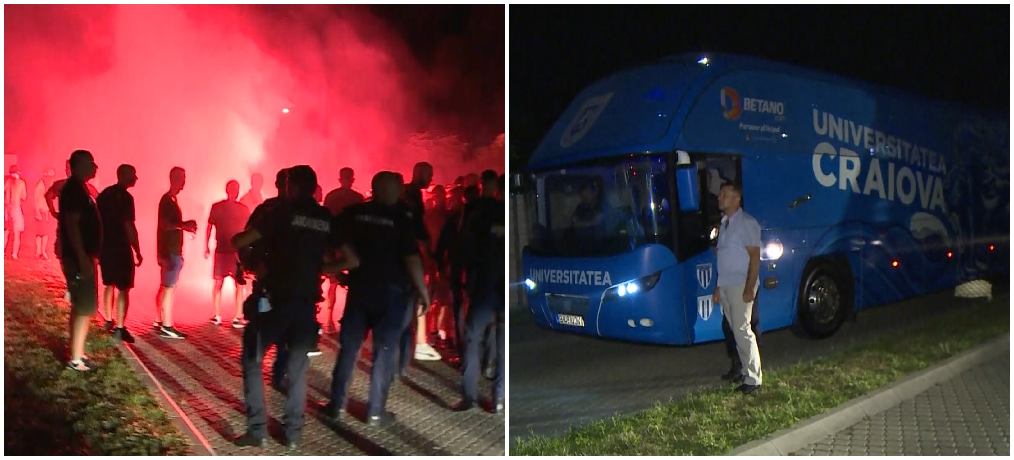 Autocarul Craiovei, luat cu asalt de fanii nervoși după umilința cu Laci. Reghecampf&Co, salvați de jandarmi