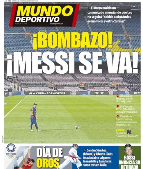 Bombazo! Drama. Cum arată primele pagini ale celor mai importante ziare după noaptea în care Messi a părăsit Barcelona