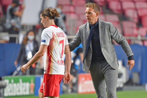 coach Julian NAGELSMANN (FC Bayern Munich) with Marcel SABITZER (L) Julian NAGELSMANN (coach L) with Marcel SABITZER (L) and ANGELINO (L) after the end of the game - will comfort, consolation. Soccer Champions League, semi-finals, RB Leipzig (L) - Paris S
