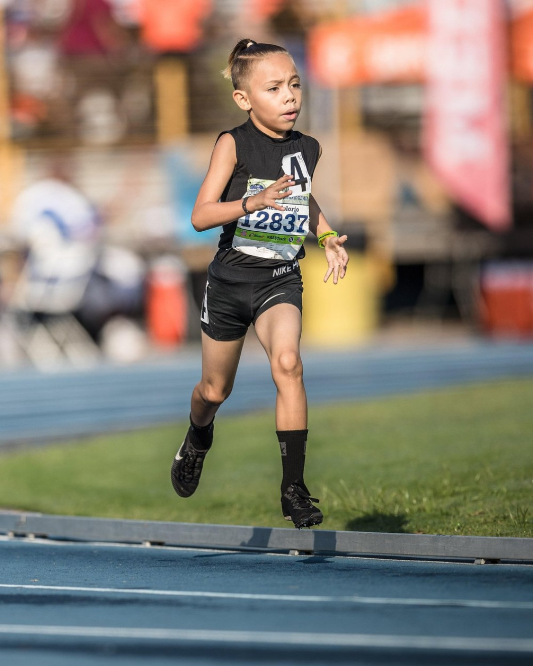 Greensboro, North Carolina, USA. 01st Aug, 2019. August 1, 2019: Victor Jaimez-Solorio sets a national record winning the Boys 1500 Meter Run eight-years-old and under during the 2019 AAU Junior Olympic Games at BB&T Stadium in Greensboro, North Carolina.
