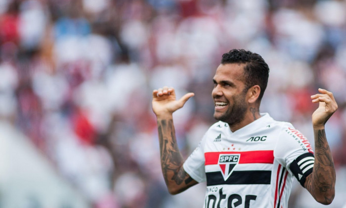 Barueri, Brazil. 22nd Feb, 2020. Dani Alves celebrates a goal for So Paulo FC during a match between Oeste vs So Paulo FC, valid for the 7th round of the Campeonato Paulista 2019 and held at Arena Barueri in Barueri, SP. Credit: Maurcio Rummens/FotoArena/