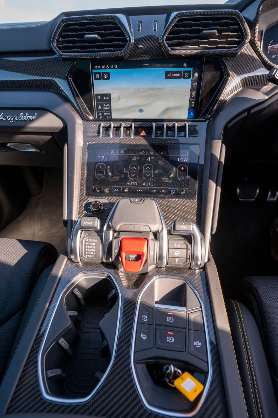 Interior of a Lamborghini Urus SUV photographed in the evening sunshine at Llangynidr, Powys, Wales, UK.
Spec:
4 litre twin turbo V8 engine
0-62 mph 3
