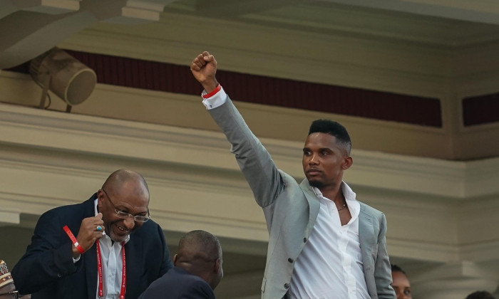 Alexandria, Egypt. 6th July 2019. FRANCE OUT July 6, 2019: Samuel Eto'o, former Cameroon player celebrating cameroon scoring to 2-1 during the 2019 African Cup of Nations match between Cameroon and Nigeria at the Alexanddria Stadium in Alexandria, Egypt.