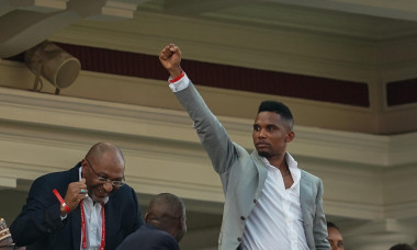 Alexandria, Egypt. 6th July 2019. FRANCE OUT July 6, 2019: Samuel Eto'o, former Cameroon player celebrating cameroon scoring to 2-1 during the 2019 African Cup of Nations match between Cameroon and Nigeria at the Alexanddria Stadium in Alexandria, Egypt.