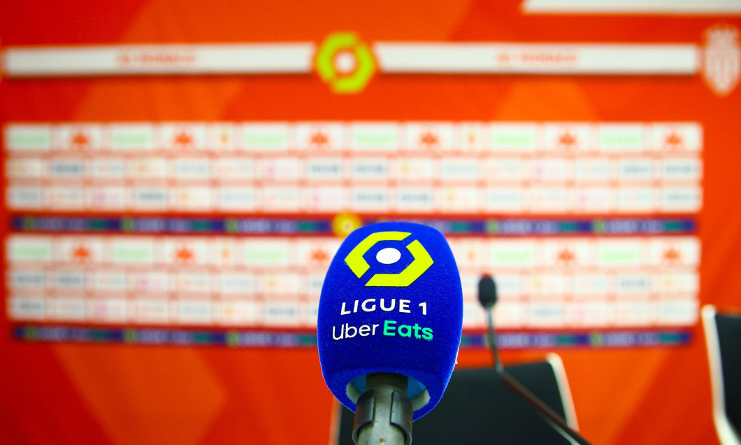 Monaco, Monte-Carlo - August 06, 2021: French L1 Football Match AS Monaco vs. FC Nantes Press Conference at the Louis II Stadium with Ligue 1 Uber Eats Microphone and Logo. Mandoga Media