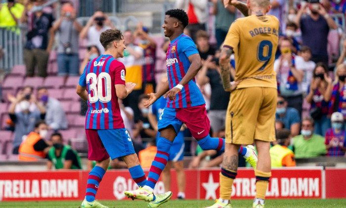 SPAIN-SOCCER-LA LIGA SANTANDER-FCB VS LEVANTE UD.FC Barcelona player (10) Ansu Fati smiles with (30) Gavi during La Liga Santander match between FC Barcelona and Levante UD in Camp Nou, Barcelona, Spain, on September 26, 2021.© Joan Gosa 2021