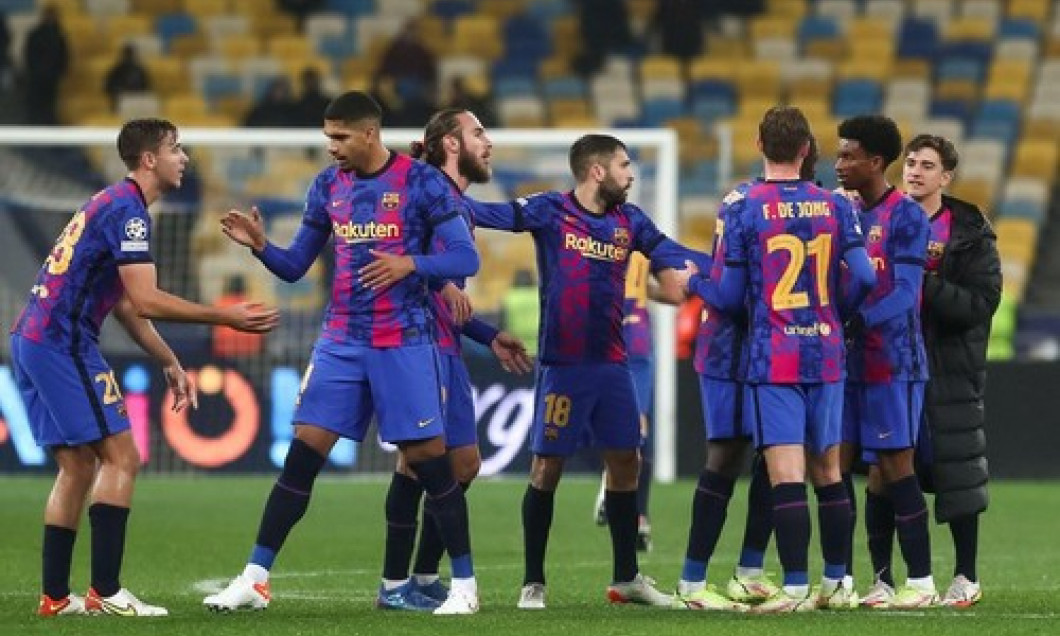 Kiev, Ukraine. 03rd Nov, 2021. KIEV, UKRAINE - NOVEMBER 3: Oscar Mingueza of FC Barcelona and Jordi Alba of FC Barcelona celebrate their sides win with their team mates during the Group E - UEFA Champions League match between Dinamo Kiev and FC Barcelona