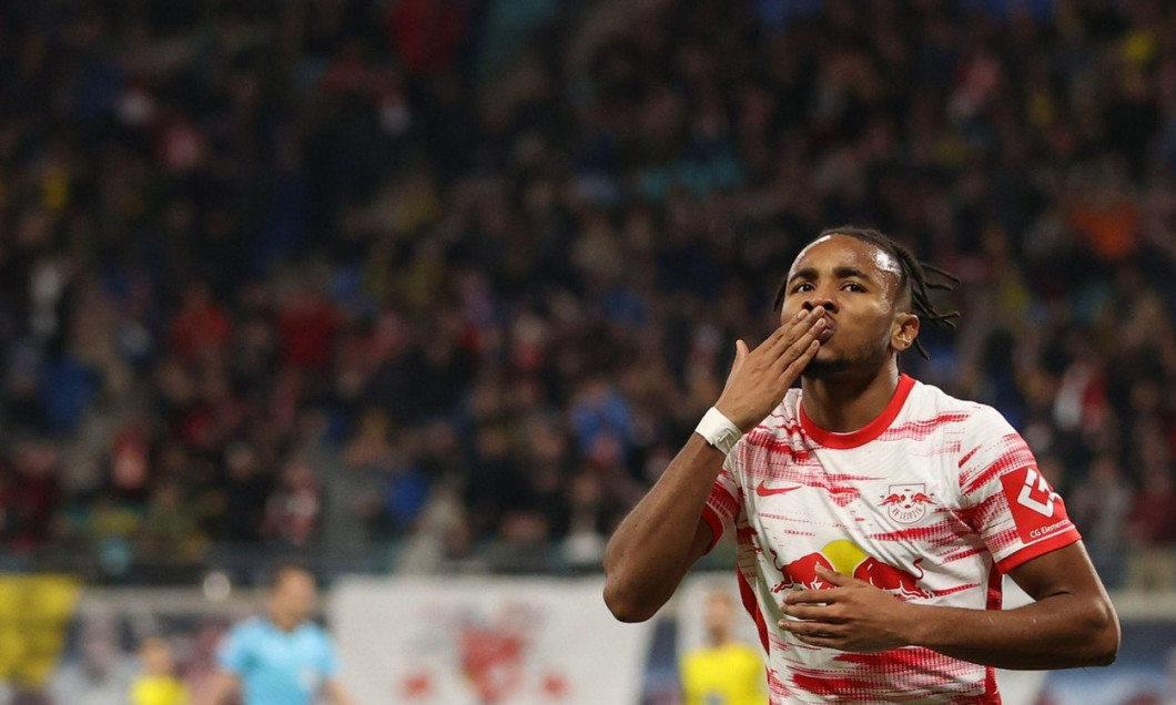 Leipzig, Germany. 06th Nov, 2021. Football: Bundesliga, RB Leipzig - Borussia Dortmund, Matchday 11 at Red Bull Arena. Leipzig's Christopher Nkunku celebrates his 1:0. IMPORTANT NOTE: In accordance with the requirements of the DFL Deutsche Fuball Liga and