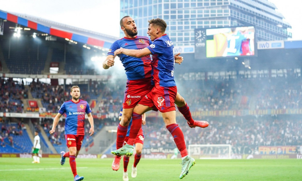 Basel, Switzerland. 19th Aug, 2021. Arthur Cabral (10 Basel) celebrates scoring the first goal with teammate Sebastiano Esposito (9 Basel) during the UEFA Europa Conference League 2021/22 football match between FC Basel and Hammarby IF at St. Jakob-Park i