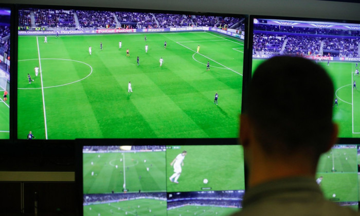 Bucharest, Romania - September 15, 2021: A referee is showing to the press how the video assistant referee (VAR) system works.