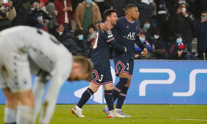 Lionel Messi și Kylian Mbappe, în PSG - Brugge / Foto: Profimedia