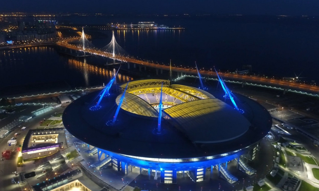 Stadium Zenith Arena at night. Illuminated by multi-colored lights the stadium at night.