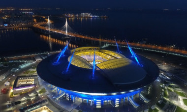 Stadium Zenith Arena at night. Illuminated by multi-colored lights the stadium at night.