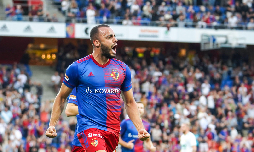 Basel, Switzerland. 19th Aug, 2021. Arthur Cabral (10 Basel) celebrates scoring the first goal during the UEFA Europa Conference League 2021/22 football match between FC Basel and Hammarby IF at St. Jakob-Park in Basel, Switzerland. Credit: SPP Sport Pres