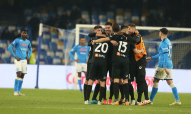 Spezia's players celebrate at the end of the Serie A