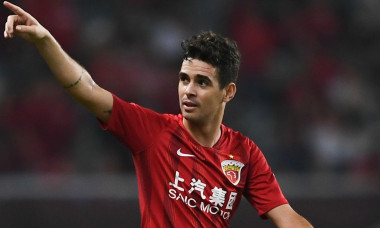 Brazilian football player Oscar dos Santos Emboaba Junior, better known as simply Oscar, of Shanghai SIPG celebrates after scoring against Beijing Renhe in their 14th round match during the 2019 Chinese Football Association Super League (CSL) in Shanghai,