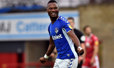 Morecambe, UK. 26th Dec, 2019. MORECAMBE, ENGLAND - DECEMBER 26TH Desire Segbe Azankpo of Oldham Athletic celebrates scoring his sides opening goal during the Sky Bet League 2 match between Morecambe and Oldham Athletic at the Globe Arena, Morecambe on Th