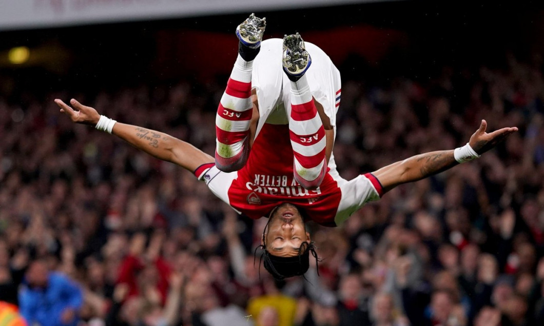 Arsenal's Pierre-Emerick Aubameyang celebrates scoring their side's first goal of the game during the Premier League match at the Emirates Stadium, London. Picture date: Monday October 18, 2021.