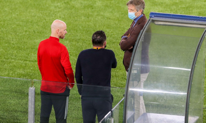 ROME, ITALY - APRIL 14: coach Erik Ten Hag of Ajax, Marc Overmars of Ajax and Edwin van der Sar of Ajax during a training session of Ajax at Stadio Ol