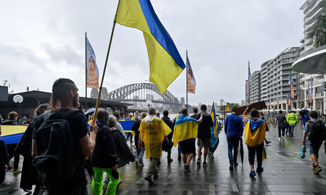 Ukrainians protest at Sydney CBD over Russian invasion - 26 Feb 2022, Sydney CBD, Sydney, New South Wales, Australia - 26 Feb 2022