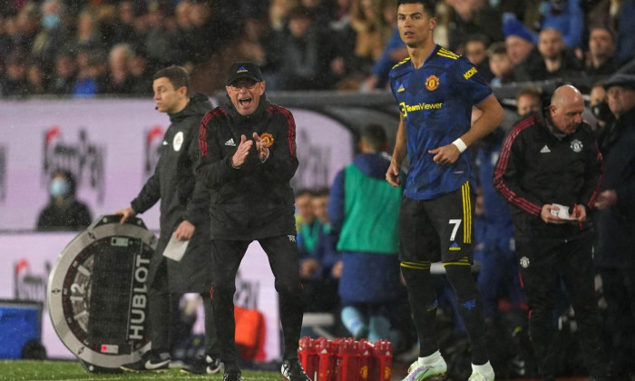 Manchester United manager Ralf Rangnick reacts on the touchline as substitute Cristiano Ronaldo prepares to enter the game during the Premier League match at Turf Moor, Burnley. Picture date: Tuesday February 8, 2022.