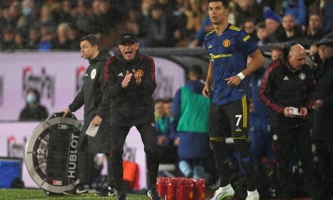Manchester United manager Ralf Rangnick reacts on the touchline as substitute Cristiano Ronaldo prepares to enter the game during the Premier League match at Turf Moor, Burnley. Picture date: Tuesday February 8, 2022.