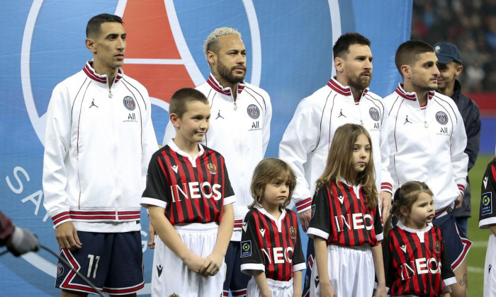 Angel Di Maria, Neymar Jr, Lionel Messi, Marco Verratti of PSG before the French championship Ligue 1 football match between OGC Nice (OGCN) and Paris Saint-Germain (PSG) on March 5, 2022 at Allianz Riviera stadium in Nice, France - Photo: Jean Catuffe/DP