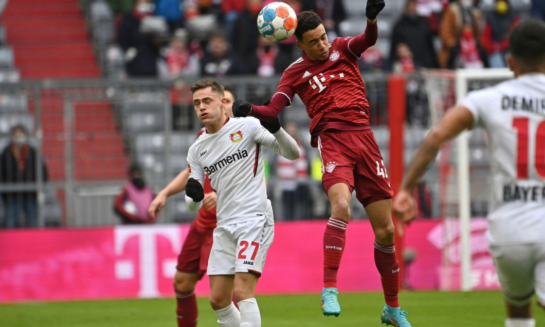 Munich, Deutschland. 05th Mar, 2022. Jamal MUSIALA (FC Bayern Munich), action, duels versus Florian WIRTZ (Bayer Leverkusen). Soccer 1st Bundesliga season 2021/2022, 25.matchday, matchday25. FC Bayern Munich - Bayer 04 Leverkusen on March 5th, 2022, ALLIA