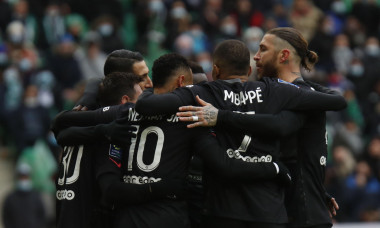 Sergio RAMOS of Paris and NEYMAR Jr of Paris and Lionel MESSI of Paris and Angel DI MARIA of Paris and Kylian MBAPPE of Paris during the French championship Ligue 1 football match between AS Saint-Etienne and Paris Saint-Germain on November 28, 2021 at Ge