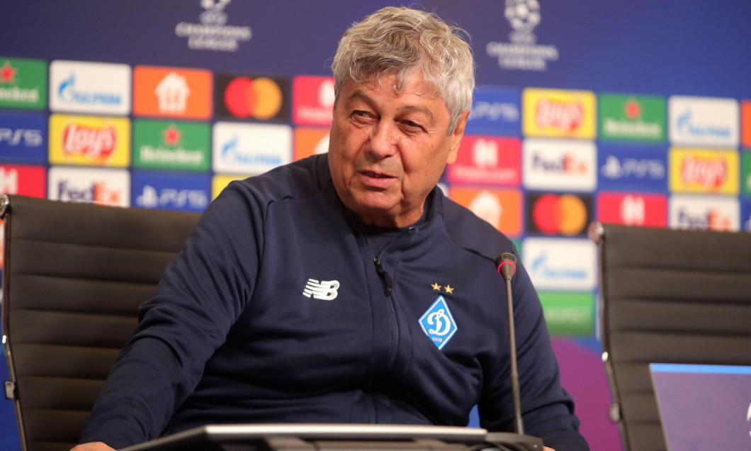 Non Exclusive: Head coach of FC Dynamo Mircea Lucescu (L) and midfielder Mykola Shaparenko are pictured during the press conference ahead of the UEFA