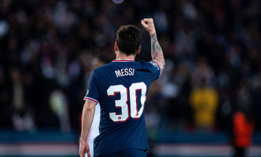 Lionel Messi of Paris Saint-Germain celebrate hes 1st ever goal during the UEFA Champions League group A match between Paris Saint-Germain and Manche