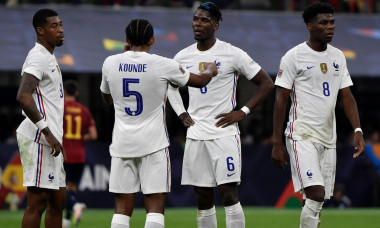 Milano, Italy. 10th Oct, 2021. Presnel Kimpembe, Jules Kounde, Paul Pogba and Aurelien Tchouameni of France during the Uefa Nations League final match between Spain and France at San Siro stadium in Milano (Italy), October 10th, 2021. Photo Andrea Staccio