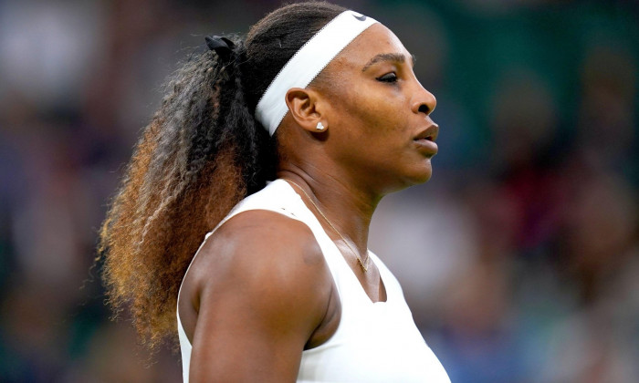 Serena Williams during her first round ladies' singles match against Aliaksandra Sasnovich on centre court on day two of Wimbledon at The All England Lawn Tennis and Croquet Club, Wimbledon. Picture date: Tuesday June 29, 2021.