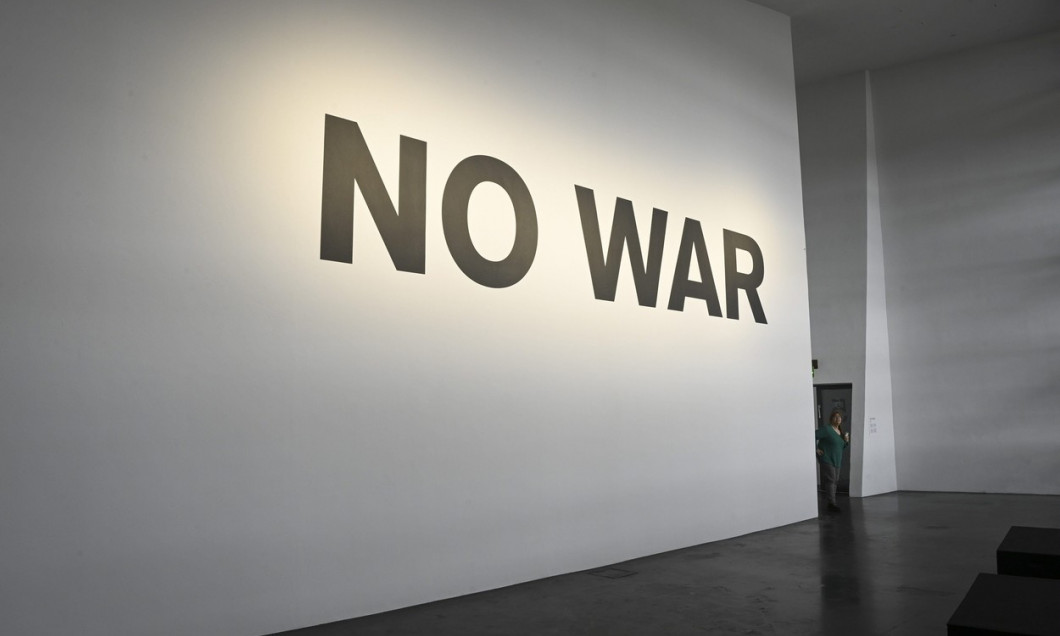 NO WAR by Russian Antufiev at the ARS22 exhibition in Kiasma, Helsinki, Finland - 08 Apr 2022