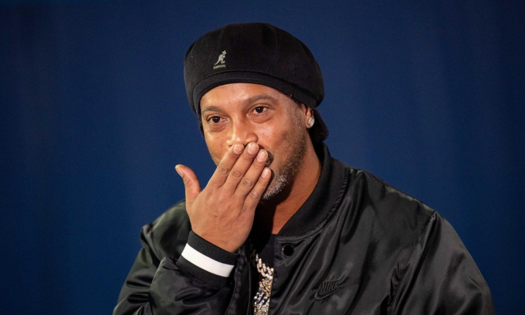 PARIS, FRANCE - OCTOBER 19: former Brazil international and PSG player Ronaldinho during the UEFA Champions League group A match between Paris Saint-Germain and RB Leipzig at Parc des Princes on October 19, 2021 in Paris, France. (Photo by Sebastian Frej