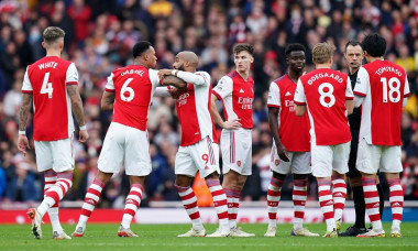 File photo dated 1-01-2022 of Arsenal's Gabriel Magalhaes being held back from the referee by team-mate Alexandre Lacazette after being shown a red card. Arsenal have been fined £20,000 for failing to ensure their players conducted themselves in an orderl