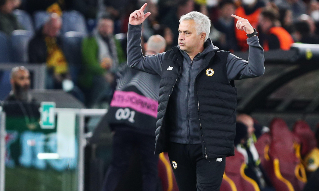 Jose' Mourinho head coach of Roma celebrates at the end of the UEFA Conference League, Quarter-finals, 2nd leg football match between AS Roma and FK Bodo Glimt on April 14, 2022 at Stadio Olimpico in Rome, Italy - Photo Federico Proietti / DPPI